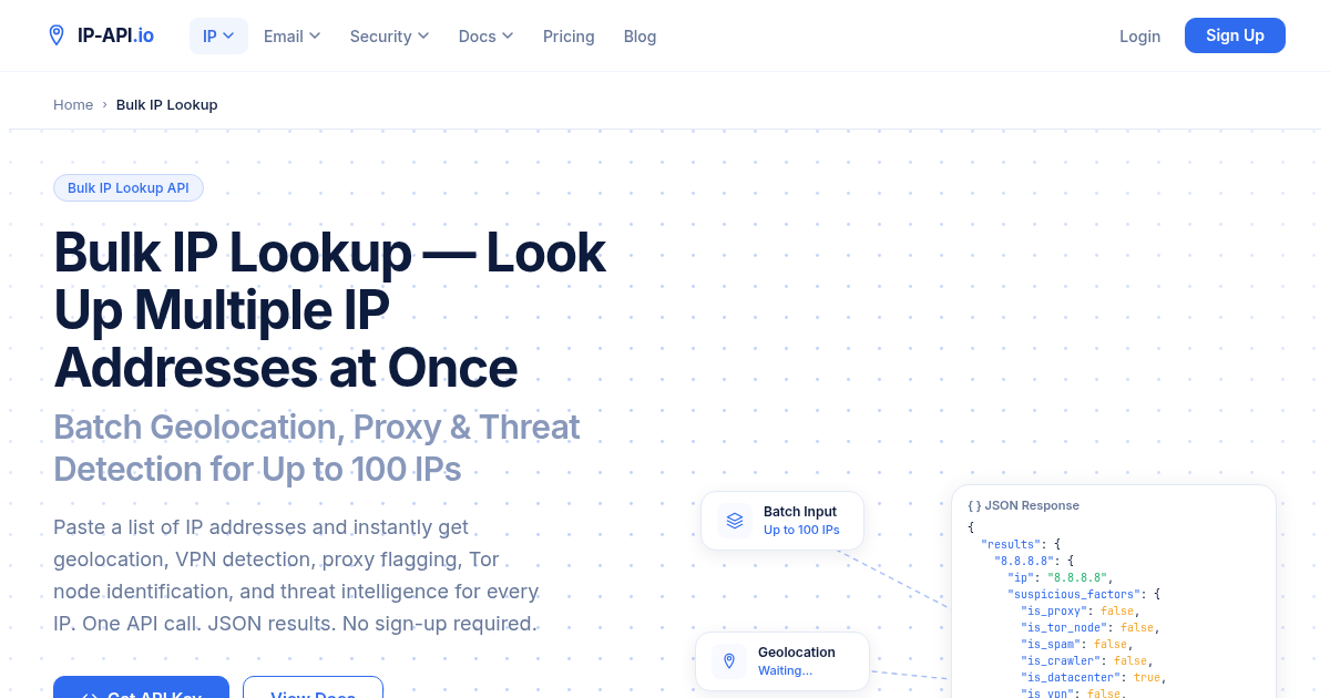 Bulk IP Lookup - Look Up Multiple IP Addresses at Once | ip-api.io