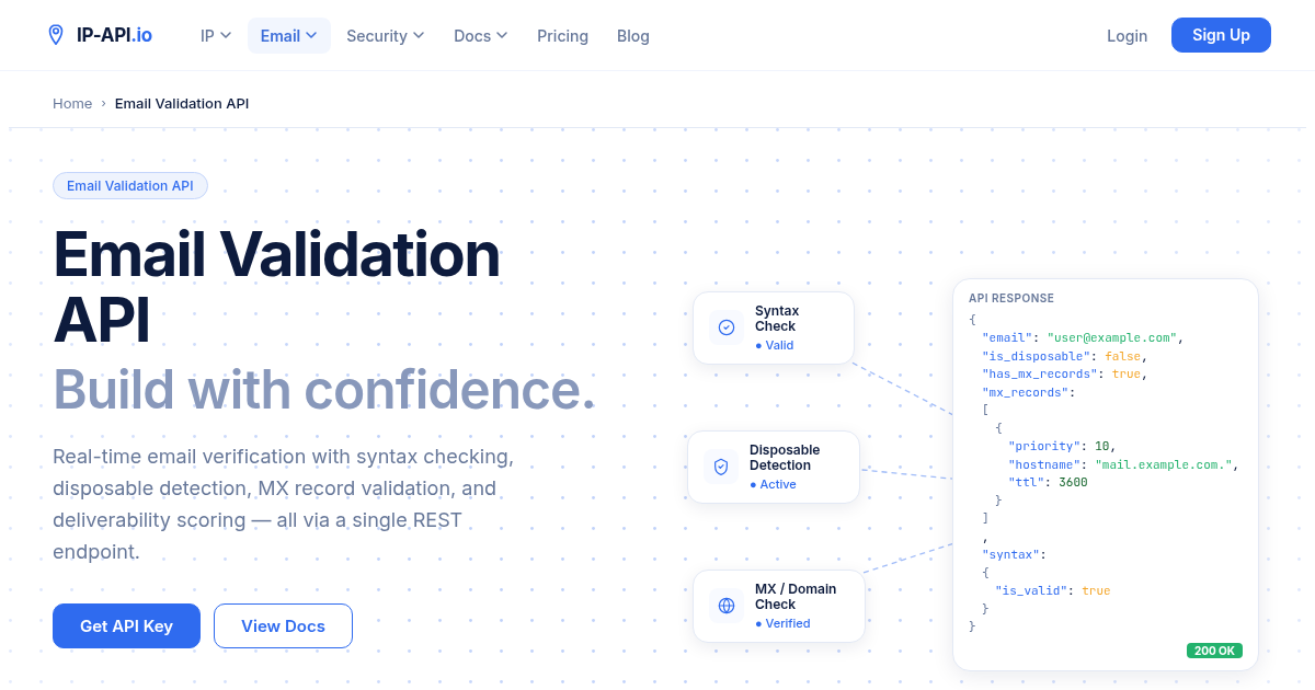 Email Validation API — Verify Email Addresses Instantly | IP-API.io
