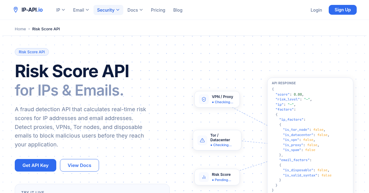 Risk Score API for IP & Email Fraud Scoring | IP-API.io